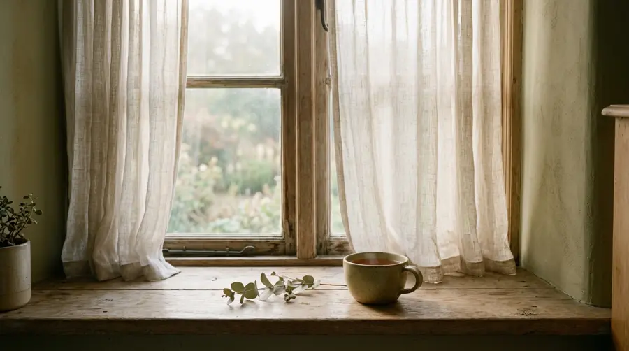 Morning light through linen curtains onto a windowsill with a cup of tea