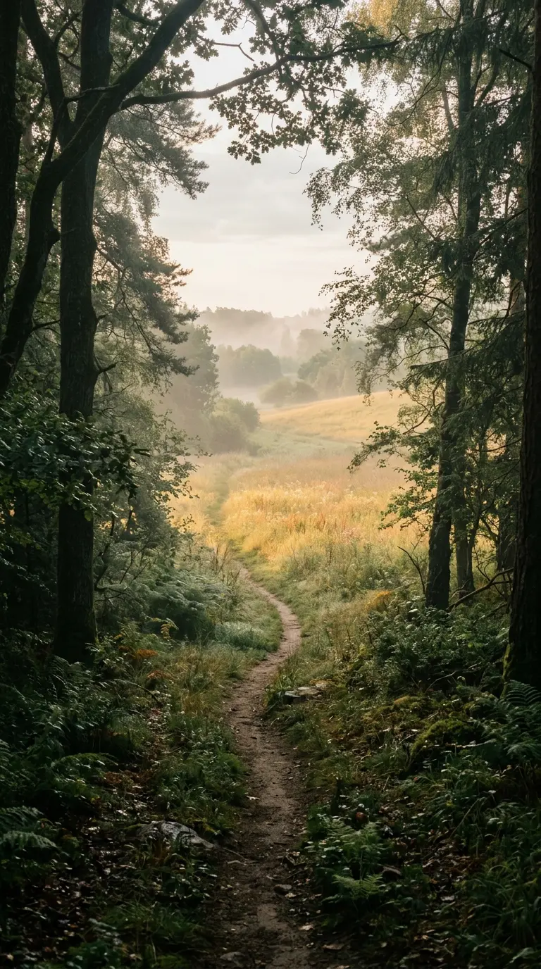 A misty forest path opening into a sunlit meadow