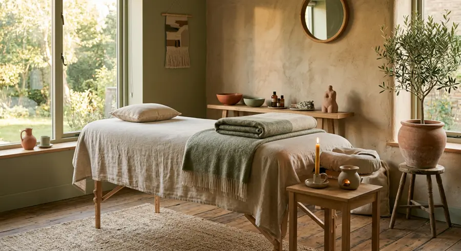 A calm, sunlit session room with a linen-draped massage table